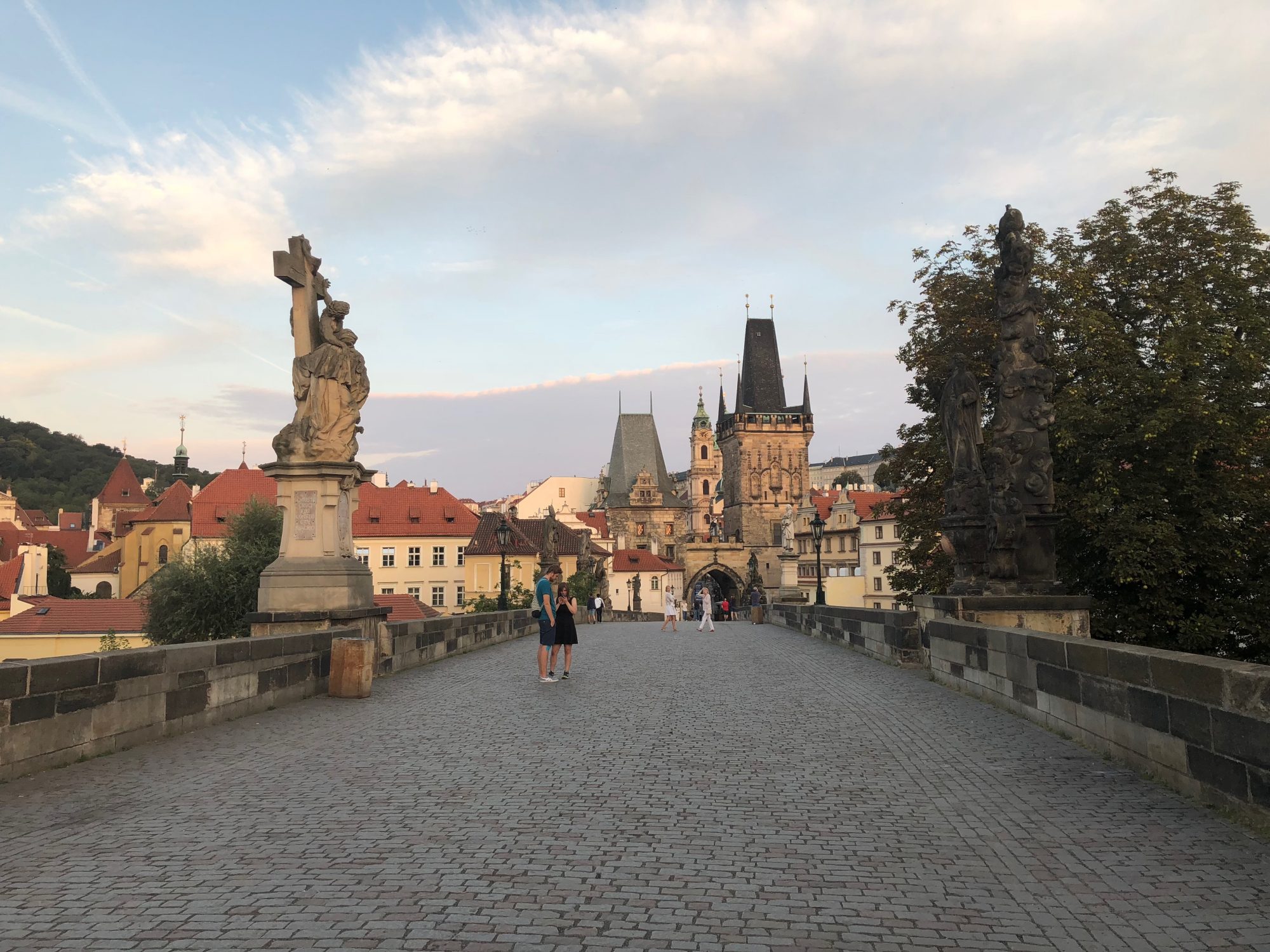 Early morning walk on the Charles Bridge in Prague from the Little Quarter 